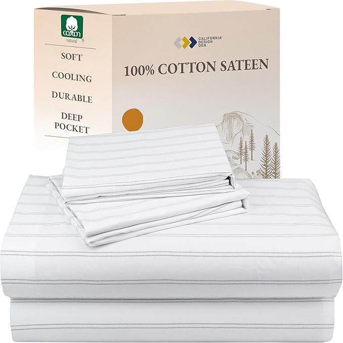 California Design Den King Bed Sheets Stripe Set, 100% Cotton Deep Pocket King Sheets & Pillowcase Set, Soft Sateen Weave - Classic Stripe