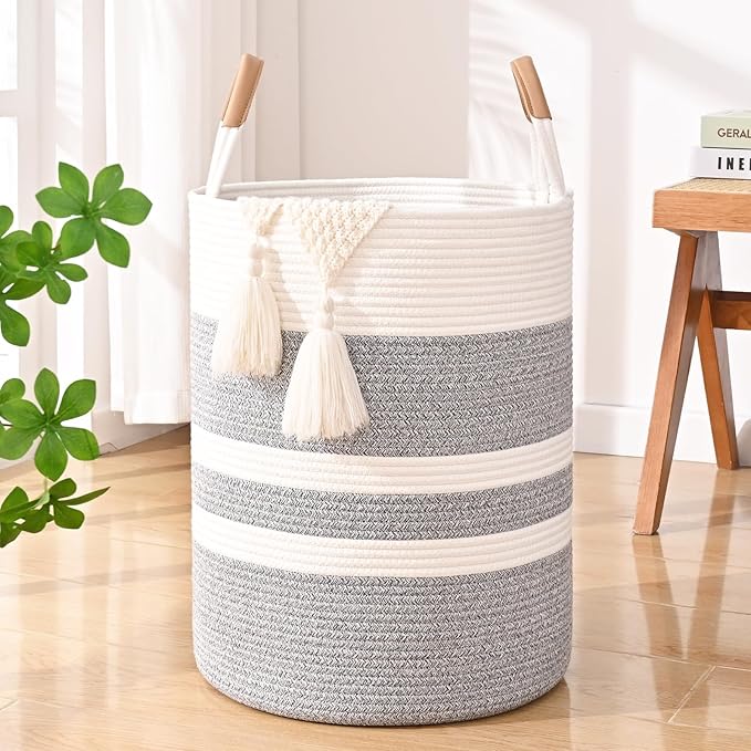 60L Striped Laundry Basket, Grey Laundry Hamper with Leather Handles, Woven Cotton Rope Storage Bin for Blankets, Nursery Hamper for Clothes, Toys In Bathroom, Livingroom, Bedroom
