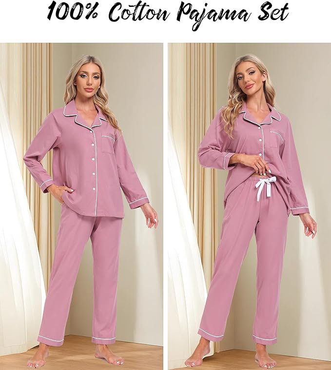 ANLIQI 100% Cotton Pajamas for Women Button Down Pajamas Long Sleeve Top & Pant Sleepwear Loungewear Pj Set with Pocket