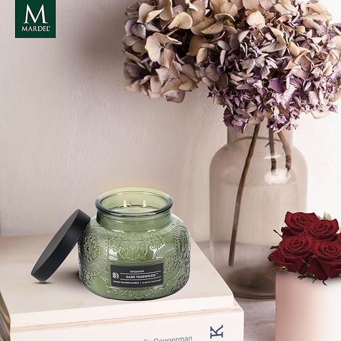 Sage Teakwood Embossed Candle Jar (18 oz) - Refreshing Aroma of Warm sage and Aged Wood - Large Dual Wick Glass Jar Candle for Relaxing - Sage Teakwood Essence Candle Gift for Women