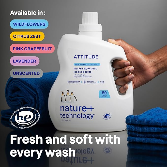 ATTITUDE Liquid Laundry Detergent, EWG Verified, HE Compatible, Plant-Based & Vegan, Natural Laundry Soap, Wildflowers, 80 Loads, 67.6 Fl Oz