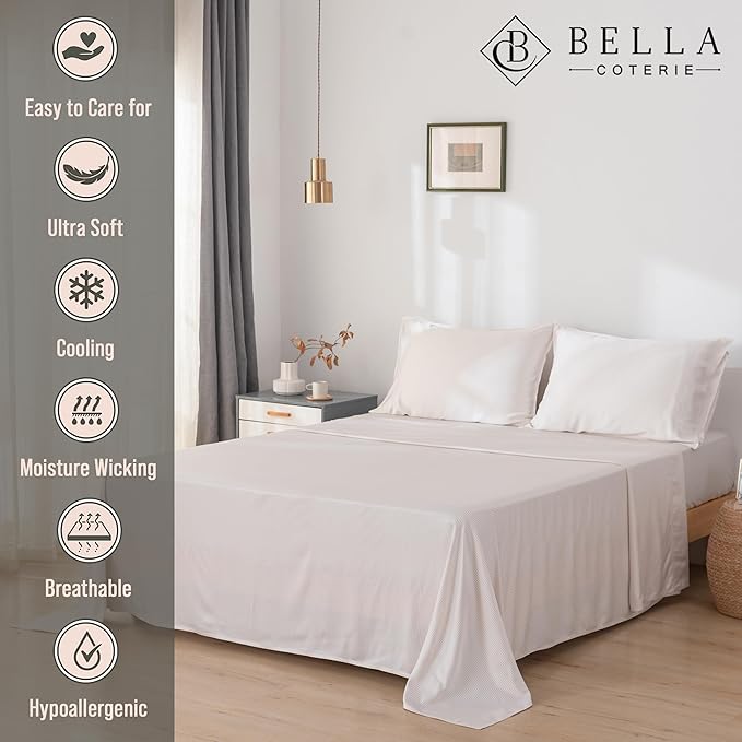 Bella Coterie Luxury Bamboo Viscose King Size Sheet Set | 100% Organically Grown | Ultra Soft | Cooling for Hot Sleepers | 18" Deep Pocket [Striped Dune]