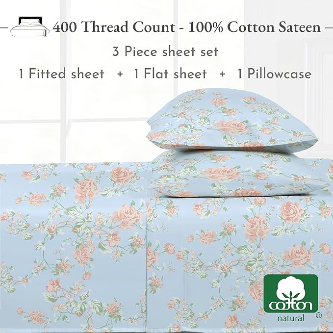 California Design Den Printed Twin XL Sheet Sets - 400 Thread Count Sateen, Natural 100% Cotton Sheets, Deep Pockets, and Durable Bedding Set - Antique Rose
