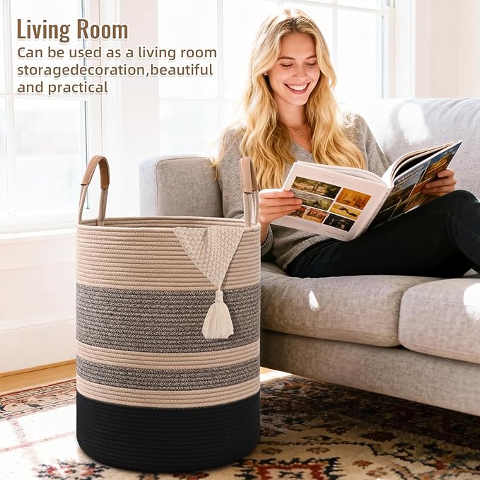 90L Striped Laundry Basket, Brown & Black Laundry Hamper with Leather Handles, Woven Cotton Rope Storage Bin for Blankets, Nursery Hamper for Clothes, Toys In Bathroom, Livingroom, Bedroom