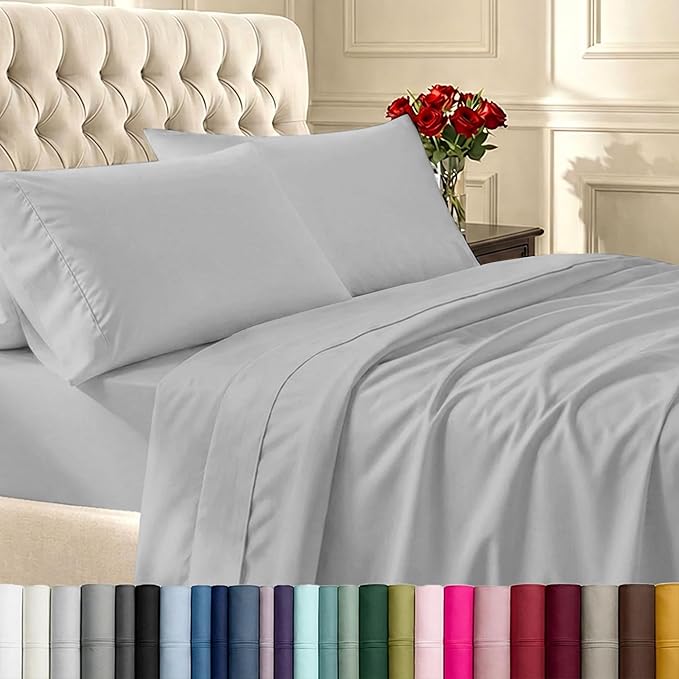 California Design Den King Bed Sheets Set - Soft 400 Thread Count Sateen, Natural 100% Cotton Sheets, Deep Pockets with All Around Elastic for a Snug Fit, Durable Bedding Set - Light Grey