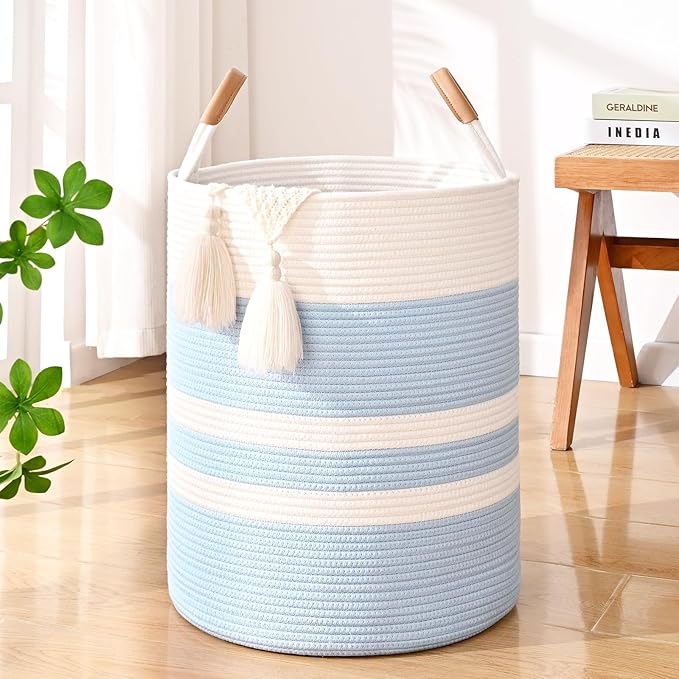 60L Striped Laundry Basket, Blue Laundry Hamper with Leather Handles, Woven Cotton Rope Storage Bin for Blankets, Nursery Hamper for Clothes, Toys In Bathroom, Livingroom, Bedroom