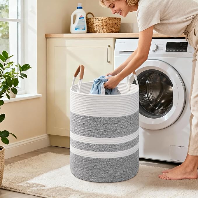 60L Striped Laundry Basket, Grey Laundry Hamper with Leather Handles, Woven Cotton Rope Storage Bin for Blankets, Nursery Hamper for Clothes, Toys In Bathroom, Livingroom, Bedroom