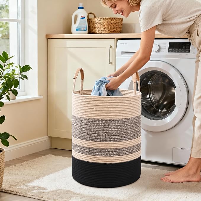 75L Striped Laundry Basket, Brown & Black Laundry Hamper with Leather Handles, Woven Cotton Rope Storage Bin for Blankets, Nursery Hamper for Clothes, Toys In Bathroom, Livingroom, Bedroom