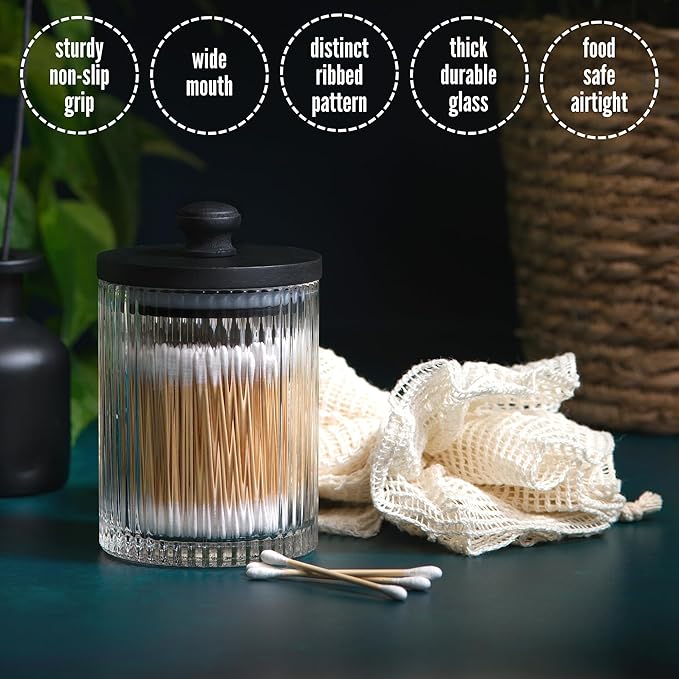 Mason & Fable Ribbed Glass Bathroom Jars | Set of 2 Farmhouse Style Storage Canister with Airtight Black Wooden Lids | Cotton Pad/Swab/Q tip Holder/Bath Salt/Clear Vanity