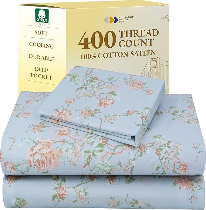 California Design Den Printed Twin XL Sheet Sets - 400 Thread Count Sateen, Natural 100% Cotton Sheets, Deep Pockets, and Durable Bedding Set - Antique Rose