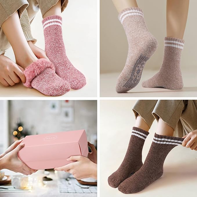 ICEIVY Thermal Slipper Socks, Thick Grip Hospital Plush Slipper Grip Socks Women Winter Soft Warm Cozy Socks 4 Pairs