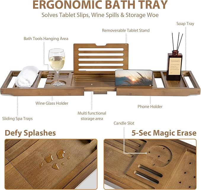 Bamboo Bathtub Tray Caddy - Splash-Proof Adjustable (28.5-40") with Wine Holder, Tablet Stand & Non-Slip Grip | Spa-Grade Organizer for Bath Essentials & Reading- Walnut