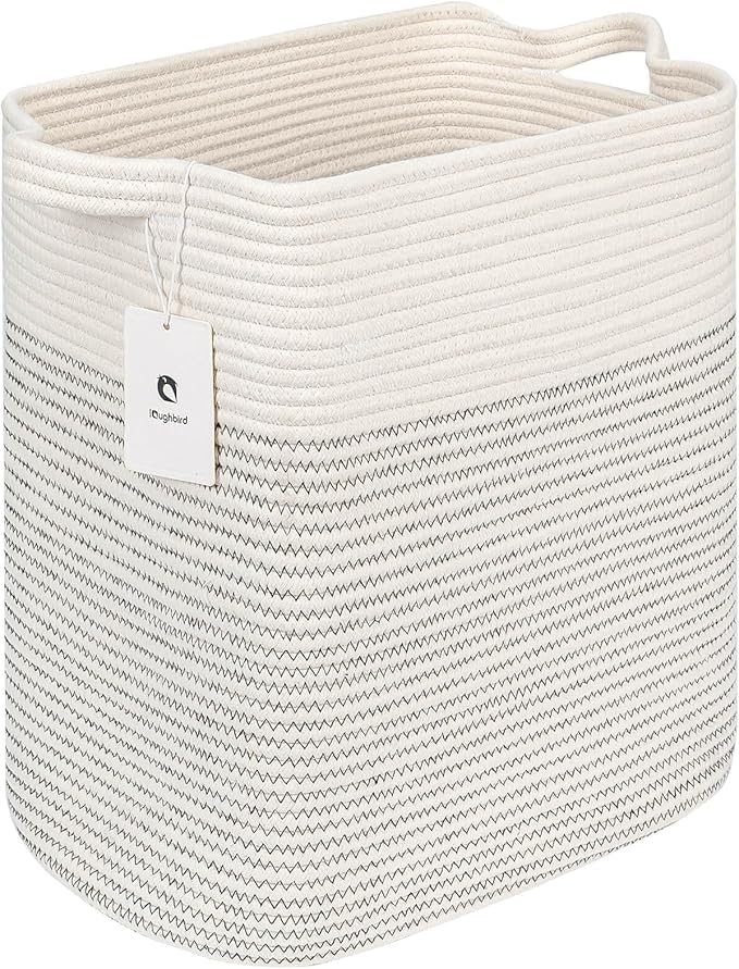 Storage Baskets for Clothes Fabric Cotton Rope Storage Basket with Handles, Decorative Woven Basket for Living Room,Closet Organizer Blankets, and 2bags (White/Black Line, L16×W11.4×H15.9)