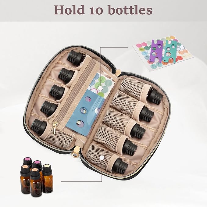 LUXJA Essential Oil Organizer -Holds 10 Bottles (5ml-15ml, Also Fits Roller Bottles), Travel Case for Essential Oils with Zipper Pockets (Bag Only), Black