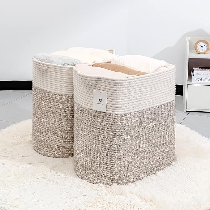 Tall Storage Baskets for Clothes Fabric Cotton Rope Storage Basket bin with Handles, Decorative Woven Basket for Living Room,Closet Organizer Blankets, and 2bags Brown 17.8×W12.5×H17.9)