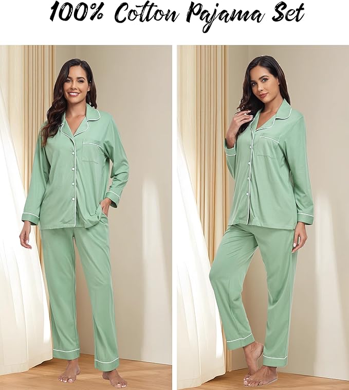 ANLIQI 100% Cotton Pajamas for Women Button Down Pajamas Long Sleeve Top & Pant Sleepwear Loungewear Pj Set with Pocket