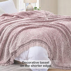 Ultra Soft Fleece Sherpa Blanket Queen Size,Lightweight Cozy Boho Bed Blanket with Decorative Tassel, Pattern Reversible, 2 Tones Ombre Dusty Pink, 90”x90”