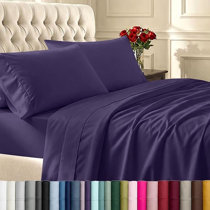 California Design Den 6-Pc King Size Sheet Set with 4 Pillowcases - Soft 400 Thread Count 100% Cotton Sheets, Sateen Weave, Deep Pocket Bedsheets Set - Dark Purple