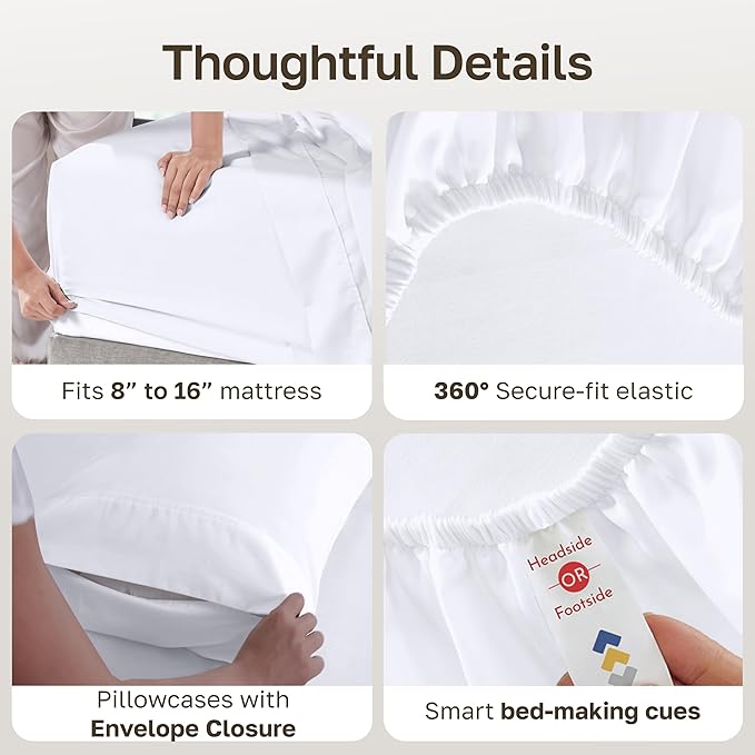 California Design Den 6 Pc Queen Size Sheet Set with 4 Pillowcases - Soft 400 Thread Count 100% Cotton Sheets, Sateen, Deep Pockets with All Around Elastic, Durable Bedding Set - White