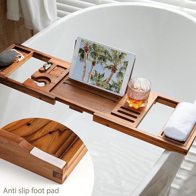 Teak Bathtub Tray | Adjustable Width Tray with Wine Holder, Tablet/Phone & Book Stand, Splash-Proof for Bath Time- Natural