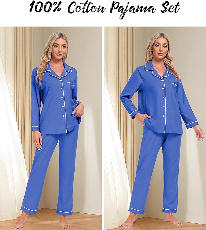 ANLIQI 100% Cotton Pajamas for Women Button Down Pajamas Long Sleeve Top & Pant Sleepwear Loungewear Pj Set with Pocket