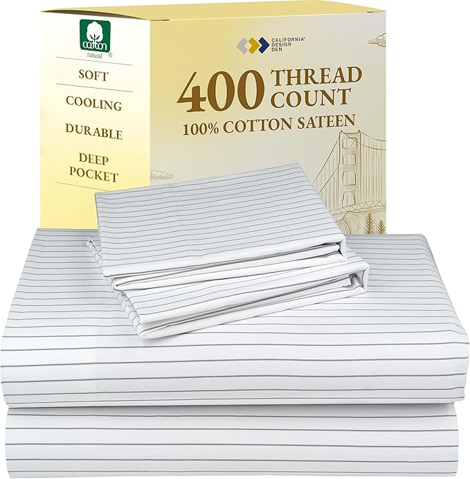 California Design Den Full Size Bed Sheets Set - 400 Thread Count Sateen, Natural 100% Cotton Sheets Full Size, Deep Pocket and Durable Bedding Set - Pinstriped