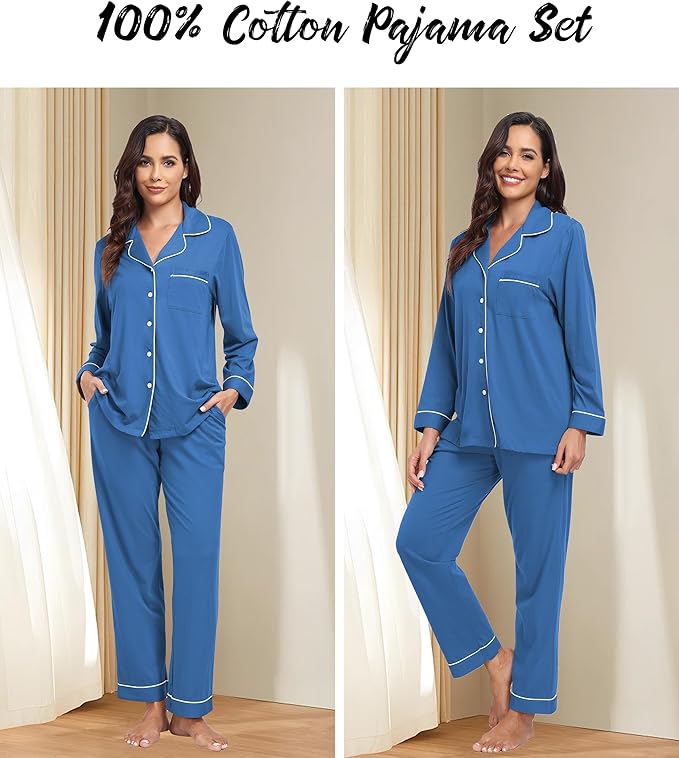 ANLIQI 100% Cotton Pajamas for Women Button Down Pajamas Long Sleeve Top & Pant Sleepwear Loungewear Pj Set with Pocket