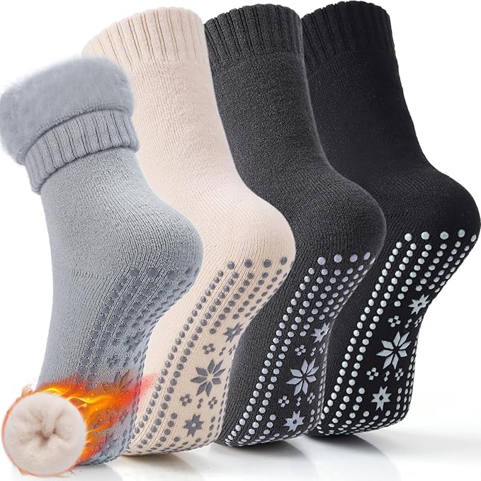 ICEIVY Thermal Slipper Socks, Thick Grip Hospital Plush Slipper Grip Socks Women Winter Soft Warm Cozy Socks 4 Pairs