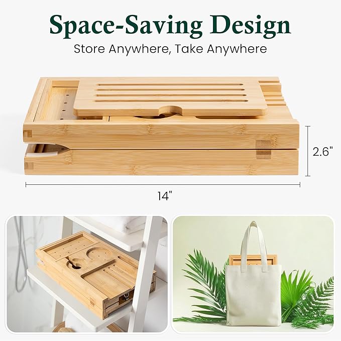 Bamboo Bathtub Tray, Bath Caddy with Wine Glass Holder, Phone Dock & Book Stand | Hands-Free Reading & Ultimate Spa Relaxation Experience-Natural