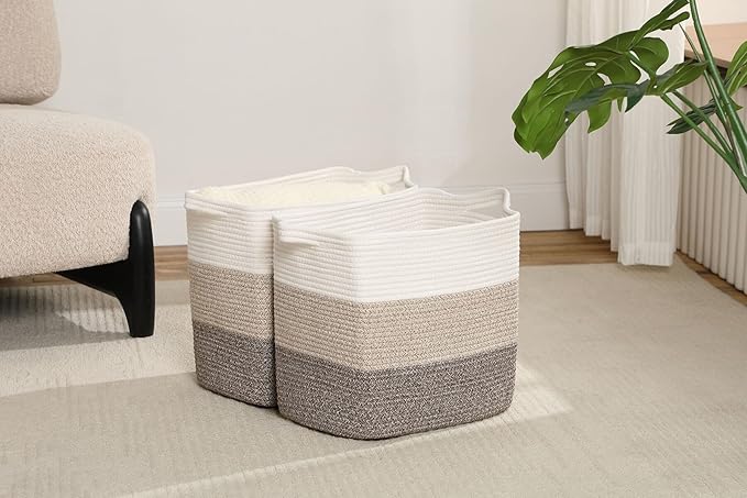 Storage Baskets for Clothes Fabric Cotton Rope Storage Basket with Handles, Decorative Woven Basket for Living Room,Closet Organizer Blankets, and 2bags (Gradient Brown, L17.8×W12.5×H17.9)