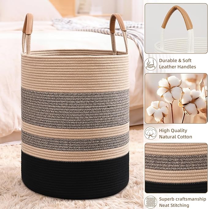 60L Striped Laundry Basket, Brown & Black Laundry Hamper with Leather Handles, Woven Cotton Rope Storage Bin for Blankets, Nursery Hamper for Clothes, Toys In Bathroom, Livingroom, Bedroom