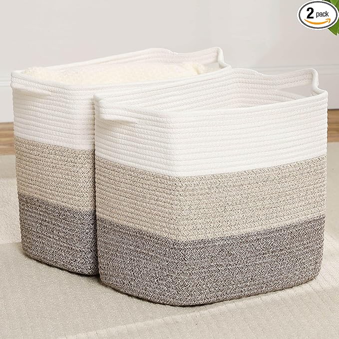 Storage Baskets for Clothes Fabric Cotton Rope Storage Basket with Handles, Decorative Woven Basket for Living Room,Closet Organizer Blankets, and 2bags (Gradient Brown, L17.8×W12.5×H17.9)