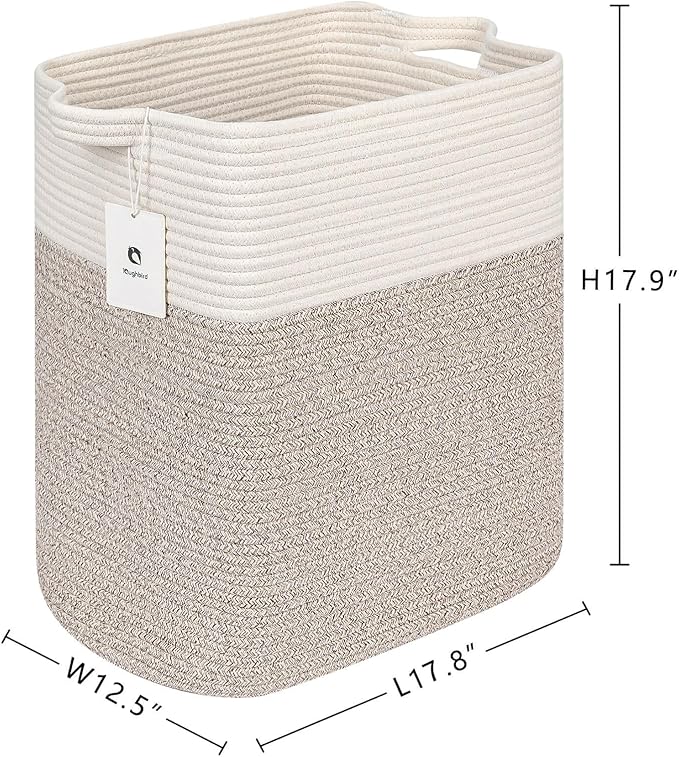 Tall Storage Baskets for Clothes Fabric Cotton Rope Storage Basket bin with Handles, Decorative Woven Basket for Living Room,Closet Organizer Blankets, and 2bags Brown 17.8×W12.5×H17.9)