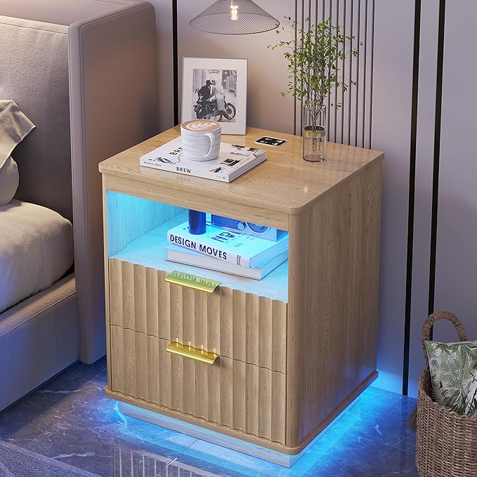 Nightstand with Charging Station, Farmhouse End Side Table with 2 Drawers and Open Storage, Smart Bedside Table with LED Light & Human Sensor for Bedroom, Wood