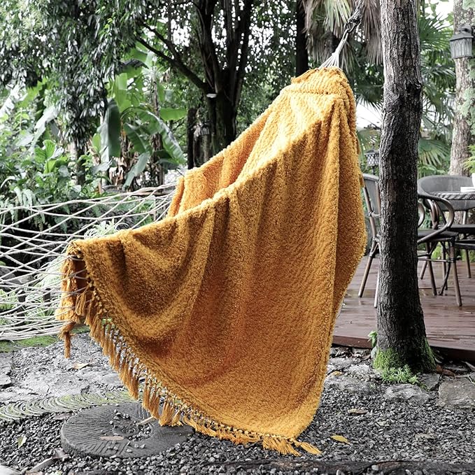 Ultra Soft Cozy Sherpa Throw Blanket, Light Weight Warm Decorative Throw Blanket with Tassel, Mustand Yellow Pattern Reversible Boho Style Blanket for Sofa, Couch, Bedroom,Travel, 50”x60”