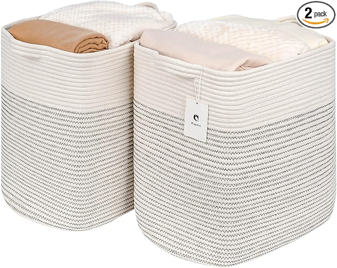 Storage Baskets for Clothes Fabric Cotton Rope Storage Basket with Handles, Decorative Woven Basket for Living Room,Closet Organizer Blankets, and 2bags (White/Black Line, L16×W11.4×H15.9)