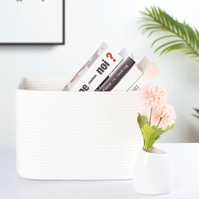 MINTWOOD Design Storage Basket for Shelves, Decorative Baskets for Organizing, Book Basket, Storage Cube Bin Box, Woven Closet Organizer, Pantry Closet and Shoe Basket, Creamy White