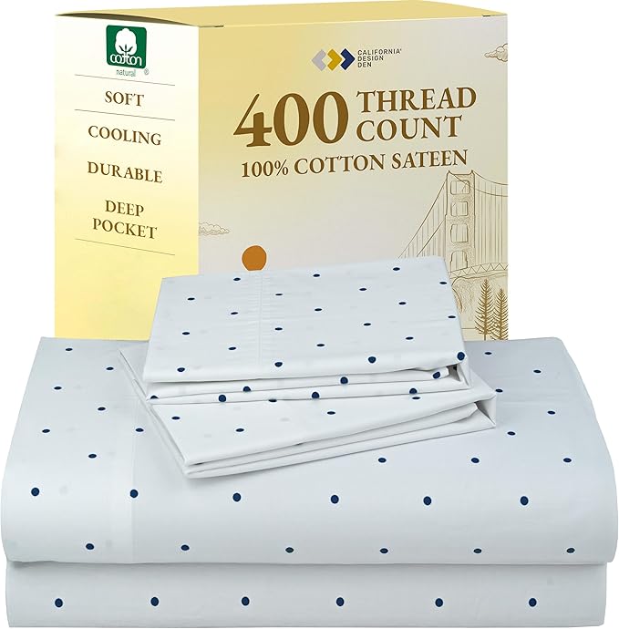 California Design Den Full Size Bed Sheets Set - 400 Thread Count Sateen, Natural 100% Cotton Sheets for Full Size Bed, Deep Pocket and Durable Bedding Set - Polka Dot