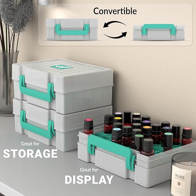 Essential Oil Organizer for 35 Bottles, Hard Shell Storage Case with Shelf Display Lid & Travel Handle, Fits 5ml/10ml/15ml, Roller Bottles, Compatible with Top Brands, Teal