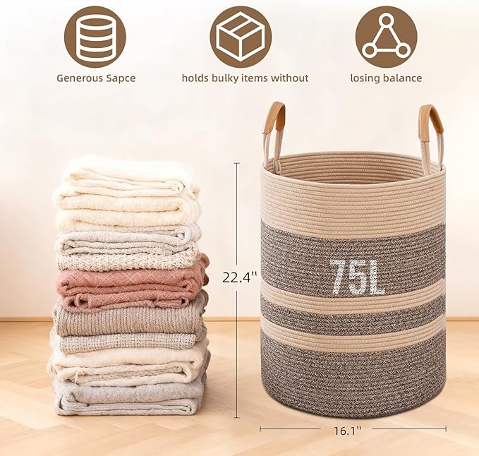 75L Striped Laundry Basket, Dark Brown Laundry Hamper with Leather Handles, Woven Cotton Rope Storage Bin for Blankets, Nursery Hamper for Clothes, Toys In Bathroom, Livingroom, Bedroom