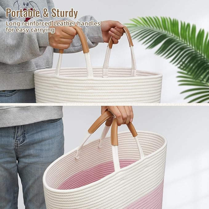 60L Striped Laundry Basket, Pink Laundry Hamper with Leather Handles, Woven Cotton Rope Storage Bin for Blankets, Nursery Hamper for Clothes, Toys In Bathroom, Livingroom, Bedroom