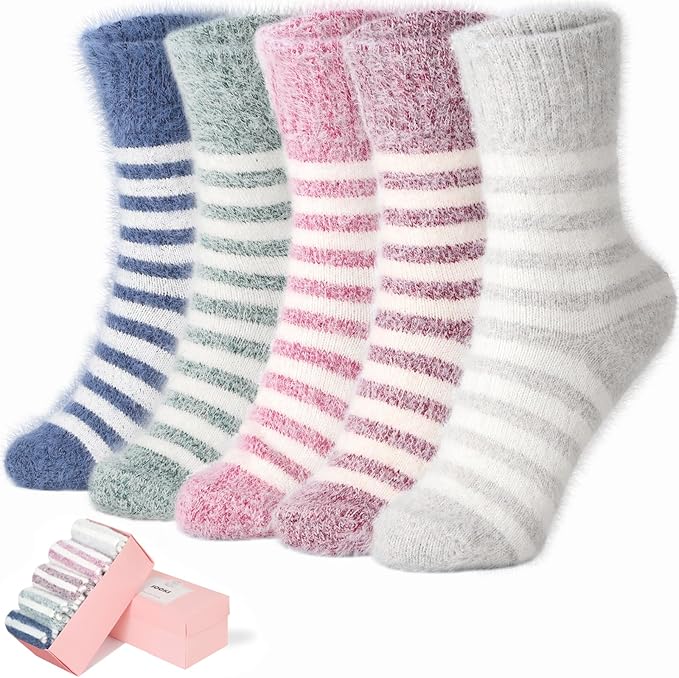SISOSOCK 5 Pairs Fuzzy Soft Cozy Fluffy Socks for Women, Casual Thick Plush Comfy Sleep Socks, Warm Winter Gifts for Women