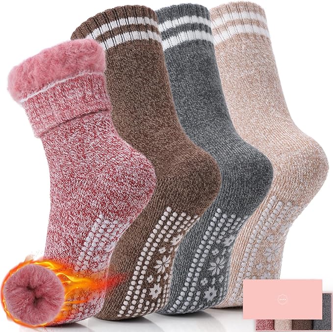 ICEIVY Thermal Slipper Socks, Thick Grip Hospital Plush Slipper Grip Socks Women Winter Soft Warm Cozy Socks 4 Pairs