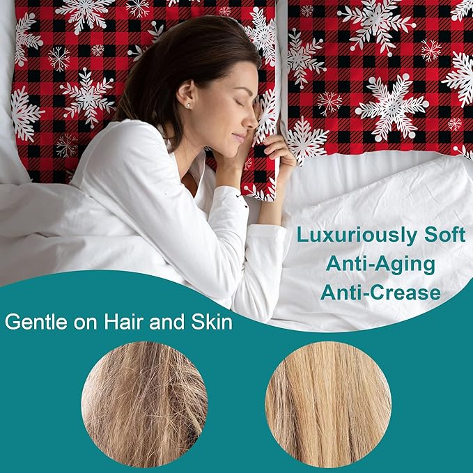 1 Pack Christmas Snowflakes Satin Pillowcase Red Christmas Plaid Similar to Silk Pillow Cases for Hair and Skin, Soft Smooth Breathable Cool Pillow Cases, with Hidden Zipper King Size 20" x 36"