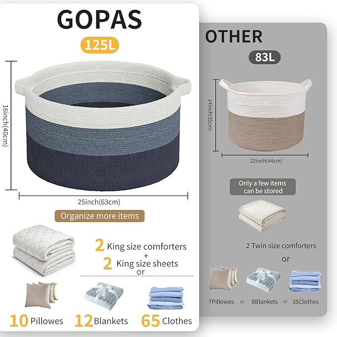 125L Extra Large Blanket Basket, 25" x 16", Jumbo Laundry Woven Cotton Rope Basket with Handles, Baby Toy Storage, Gradual Blue