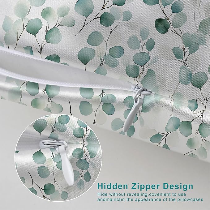 1 Pack Satin Pillowcase Watercolor Green Leaves Similar to Silk Pillow Cases, 20" x 26" Soft Smooth Breathable Cool Pillow Cases for Hair and Skin, with Hidden Zipper, Standard Size