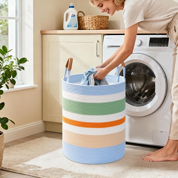 60L Striped Laundry Basket, Rainbow Laundry Hamper with Leather Handles, Woven Cotton Rope Storage Bin for Blankets, Nursery Hamper for Clothes, Toys In Bathroom, Livingroom, Bedroom