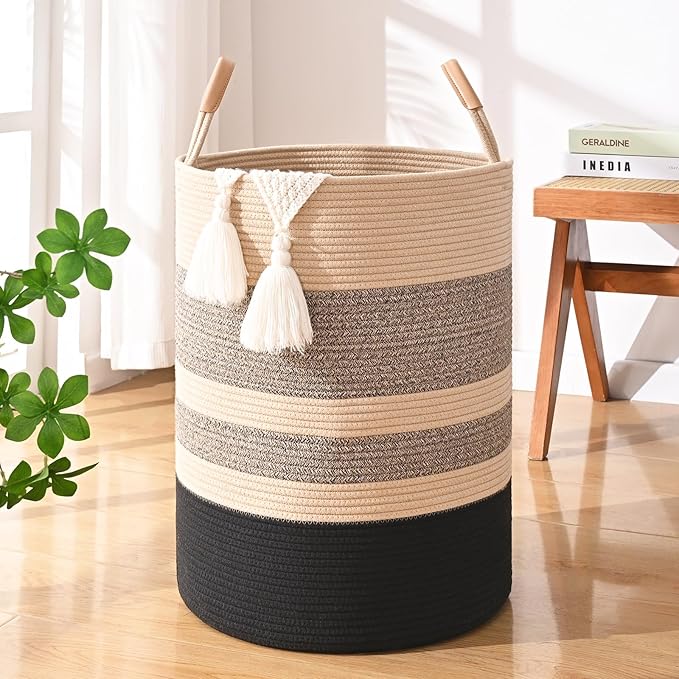 90L Striped Laundry Basket, Brown & Black Laundry Hamper with Leather Handles, Woven Cotton Rope Storage Bin for Blankets, Nursery Hamper for Clothes, Toys In Bathroom, Livingroom, Bedroom