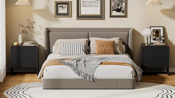 Set of 2 Modern Curved Nightstand with 2 Drawers, Push-to-Open Wooden Bedside Table, Minimalist End Table for Bedroom, Black