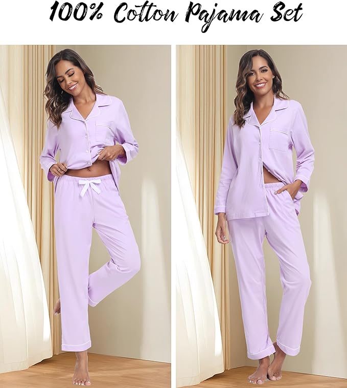 ANLIQI 100% Cotton Pajamas for Women Button Down Pajamas Long Sleeve Top & Pant Sleepwear Loungewear Pj Set with Pocket